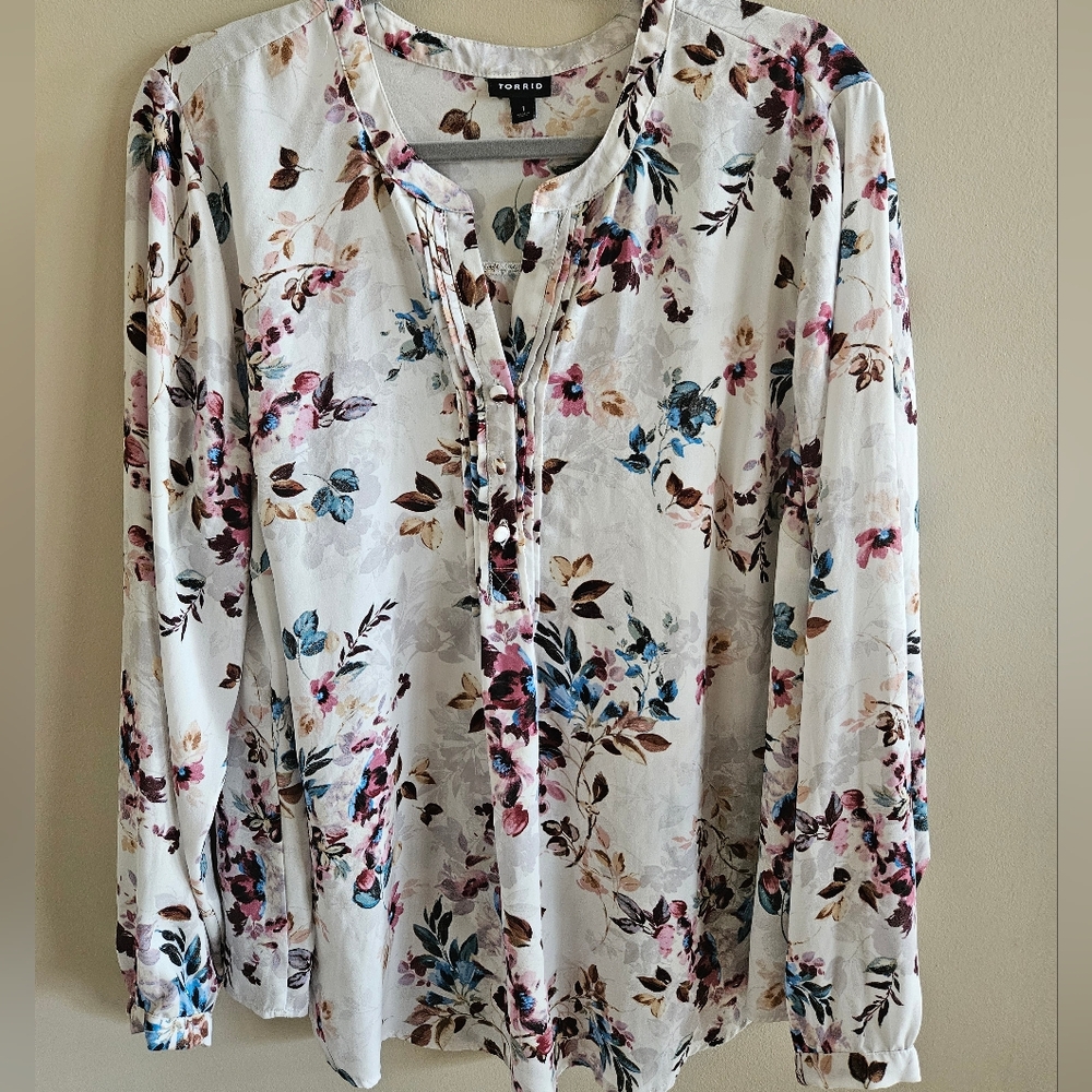 Torrid Floral Button Down Shirt - White and Multicolor - Picture 2 of 8